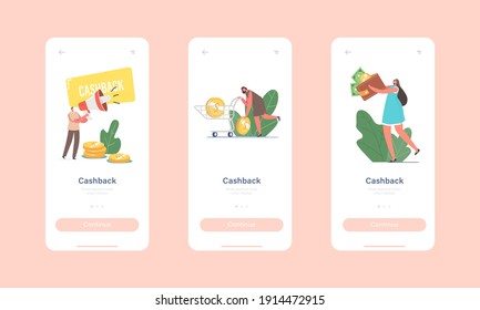 Plantilla de pantalla de la página de aplicación móvil Cash Back. Servicio de Cashback, Personajes Felices obtienen un reembolso de dinero por compras y compras en tiendas online, Concepto de Finanzas. Ilustración de vectores de personas de caricatura