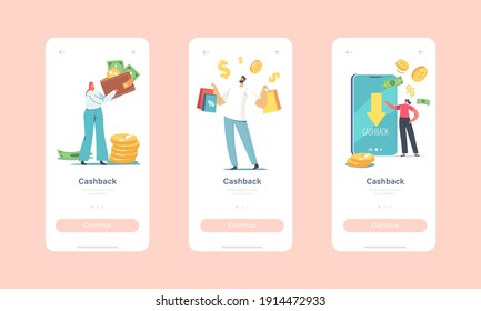 Cash Back Mobile App Page Onboard Screen Template. Happy Characters Getting Money Refund on Phone, Shopping and Purchasing in Online Store. Cashback Service Concept. Cartoon People Vector Illustration