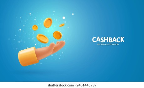 Cash back money. Business investment or financial loans. 3d human hand icon with falling coins vector illustration.