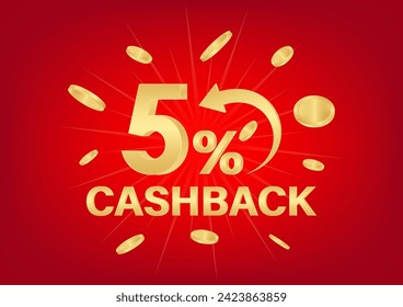 Cash Back or Money Refund. 5% Cash Back Offer for Discount. Online Shopping Concept. Vector Illustration. 