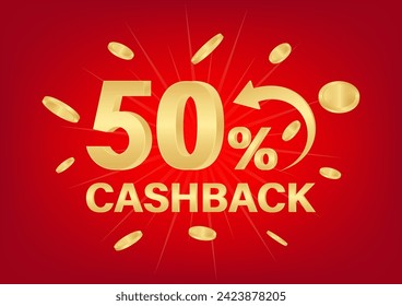 Cash Back or Money Refund. 50% Cash Back Offer for Discount. Online Shopping Concept. Vector Illustration. 