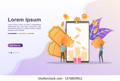 Cash back or money refund concept. Ecommerce business profit, earn money, online shop, reward program, get vouchers and discounts. Can use for web landing page, banner, mobile app. Vector Illustration