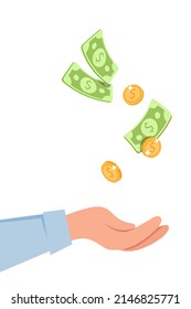 Banner für Bargeld und Geldrückerstattung, Vektordesign. Hand mit Münzen und Euro-Banknote 3D Cartoon-Illustration. Fliegende Goldmünzen. Finanzkonzept.