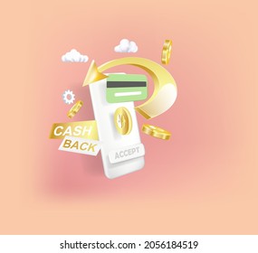 Cash back, money saving vector concept with dollar coins, wallet, arrows, credit card. Guarantee bonus program finance sticker.