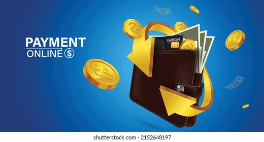 Cash back, money saving vector concept with dollar coins, wallet, arrows, credit card.Guarantee bonus program finance sticker. Online shopping, cash back sale offer emblem,Cash back service, financial