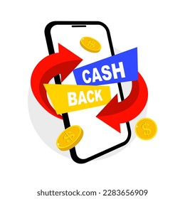 Cash back, money saving vector concept with dollar coins and arrows. Bonus program reward. Online shopping, cash back sale offer emblem, cash back service. Money cashback poster with gold dollar coins