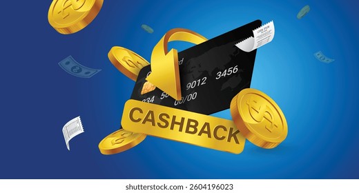 Cash back, money saving vector concept with dollar coins, wallet, arrows, credit card.Guarantee bonus program finance sticker. Online shopping, cash back sale offer emblem,Cash back service, financial