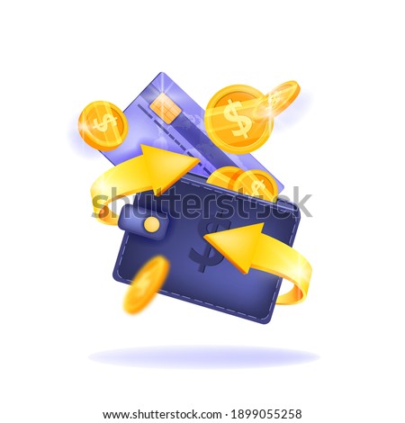 Cash back, money saving vector concept with dollar coins, wallet, arrows, credit card, isolated on white. Guarantee bonus program finance sticker. Online shopping, cash back sale offer emblem, logo