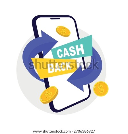Cash back, money saving vector concept with dollar coins and arrows. Bonus program reward. Online shopping, cash back sale offer emblem, cash back service. Money cashback poster with gold dollar coins