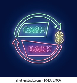 Cash Back. A Neon Sign In A Retro Style.The Shining Banner. A Bonus Upon Purchase. Incentive Action.Vector Illustration.