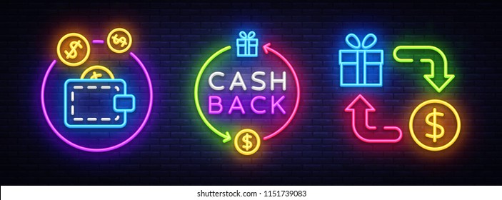 Cash Back Neon Symbols Collection Vector. Cash Back neon sign, design template, modern trend design, casino neon sign board, night bright advertising, light banner, light art. Vector illustration