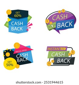 Cash back offer icons set. Set of cashback icons illustrating the concept of money refund