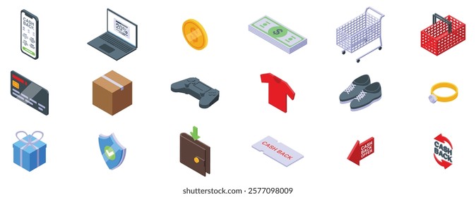  Cash back offer icons set. Cash back concept icons showing money being refunded or discounted while shopping for various items