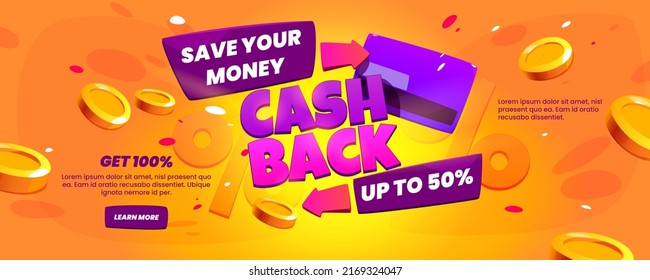 Cash-Back-Angebot Web-Banner. Konzept der Rückerstattung nach dem Kauf. Vektorcartoon-Coupon-Coupon-Hintergrund, Landing-Seite mit Rücken mit Goldmünzen, Pfeilen und Kreditkarte, Prozentzeichen, Schaltfläche Weitere Informationen