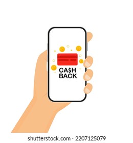 Devolución de efectivo en el fondo de las monedas y una tarjeta bancaria, una mano con un teléfono. Ilustración del vector