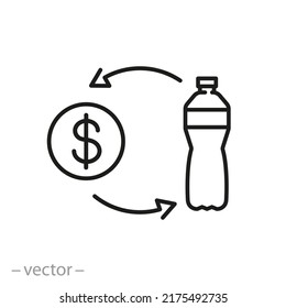 cash back on plastic, deposit bottle icon, returning money, thin line symbol on white background - editable stroke vector illustration