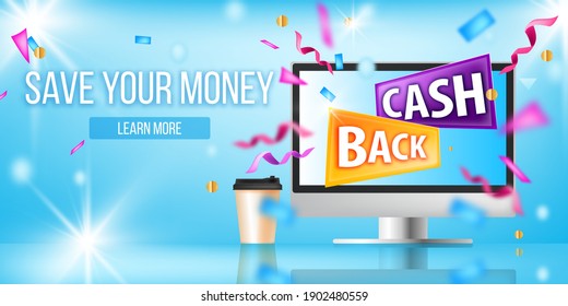 Cash back, online shopping bonus program vector blue background with computer screen, coffee cup. Internet sale reward offer banner with reflections. Cash back finance business illustration concept