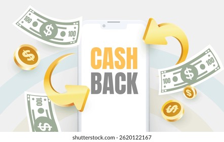 Cash back phone service, financial payment label. Vector illustration