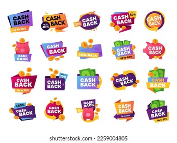 Cash back. Promotion offer sign with coins and cash returns to wallet, banking card and piggy bank savings cartoon vector illustration set. Making purchase, getting compensation, online shopping