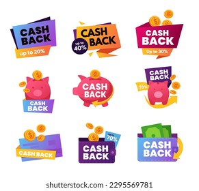 Cash back. Promotion offer sign with coins and cash returns to wallet, banking card and piggy bank savings. Purse and credit card logo for sale in shop. Discounts in stores isolated vector set