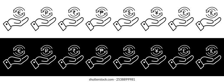 Símbolo de sinal de moeda de devolução ou reembolso de dinheiro. Ilustração de vetor de linha fina de reembolso de dinheiro.