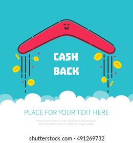 Cash Back Reward Concept. Returning Boomerang With Gold Dollar Coins In The Sky. Money Rebate Design Template In Cartoon Style. Vector Illustration.