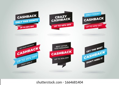 Cash back sale banners with origami paper ribbons. Saving and money refund icons. Cashback money badge and banner, business warranty illustration