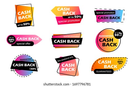 Cash back sale colorful banners. Refund of bonus money for a purchase. Accrual of cash bonuses. Good deal. Remittance. Cashback