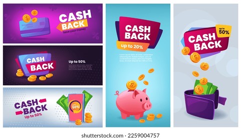 Cash back service banner. Money refund offer, shopping promotion flyer template and mobile shopping vector illustration set. Buying in online store, saving income in piggy bank, big return