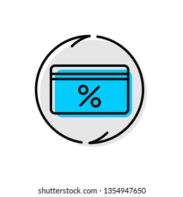 Cash back service icon. Cashback concept line style symbol. Bank credit or debit card with percent sign and arrows around. Money back financial logo. Adjustable outline stroke line width.
