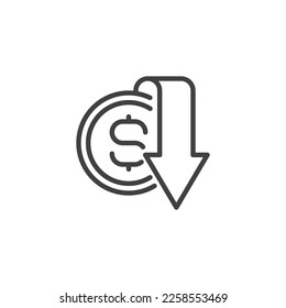 Cash back service line icon. Dollar coin and arrow linear style sign for mobile concept and web design. Return money outline vector icon. Symbol, logo illustration. Vector graphics