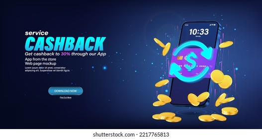 Cash back service in mobile phone. Saving money via phone, loyalty program, bonuses and cashback. 3D smartphone with App for payment and money saving. 3D Mobile phone and  golden coins. Vector banner