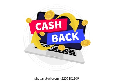 Cash back service. Money refund vector icon on laptop screen. Online cash back, money economy service, shopping partner program. Cashback offers - vector banners with flying coins with laptop screen