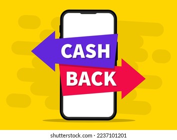 Cash back service. Saving money concept. Money refund label. Online cash back, vector icon on smartphone screen. Money economy service, shopping partner program. Smartphone mobile screen