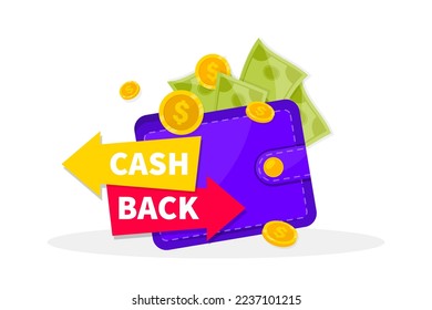 Cash back service. Saving money concept. Cashback icon with wallet and coins. Money refund label. Online cash back. Money economy service, shopping partner program. Save savings. Vector illustration