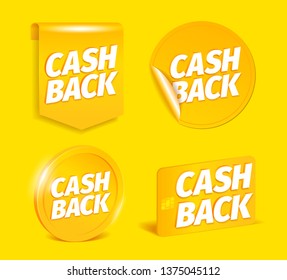 Cash back set. On a yellow background. Coin, credit card. Shining gold sticker with curved corner. Cashback words. Icon labels 3d vector realistic. Color Illustration.