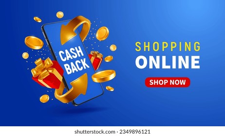 Cash back from shopping online, banner template, realistic 3d golden arrows, which symbolizing the money refund, swirling around smartphone, gold coins and gifts. Vector conceptual illustration