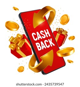 Cash back from shopping online. Realistic 3d golden arrows, which symbolizing the money refund, swirling around smartphone, gold coins and gifts. Isolated on white. Vector conceptual illustration