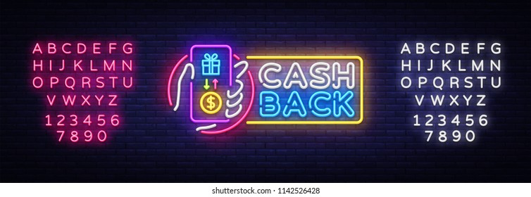 Cash Back sign vector design template. Smartphone in hand Cash Back symbols neon logo, light banner design element colorful modern design trend, bright sign. Vector. Editing text neon sign