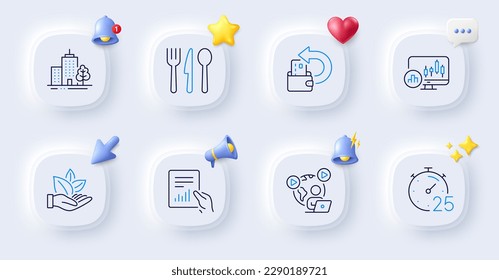 Devolución de efectivo, edificios de rascacielos e iconos de línea de documento. Botones con timbre 3d, discurso de chat, cursor. Paquete de tabla de candelabros, Comida, Icono de producto orgánico. Timer, pictograma de videoconferencia. Vector