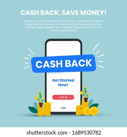 Cash back. A smart wallet with an application giving Cash back concept post for social media marketing. Smart wallet. Cash refund post with Pile coins and phone with button login. SHOTLISTbanking