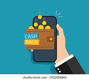 Cash Back In Smartphone. Cashback Of Money. Refund Of Coin In Wallet Of Phone. Coins Fall In Smartphone Wallet. Offer Of Reward In Bank, Shop. Cash Back Concept. Hand Hold Phone With Cashback. Vector.