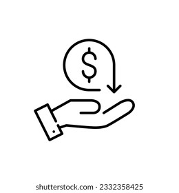 Cash back symbol. Hand holding a dollar sign with renew arrow. Pixel perfect, editable stroke