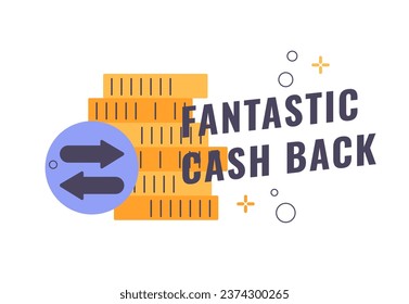 Cash back system encouraging spending and customer loyalty. Online shopping platforms, benefit for cardholders. Save money on everyday purchases, earn rewards for expenses. Vector in flat style