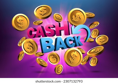 Cash Back Text with Flying Coins on Bright Background, Financial Payment Concept, Vector Illustration