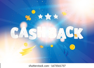 Cash Back text on horizontal web banner with original font on a blue background with lighting flash and light effects. Flat vector illustration EPS10