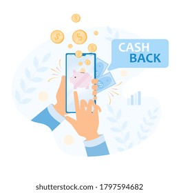 Concepto de vector de retorno de efectivo. Hombre usando la aplicación de teléfono móvil para recuperar dinero