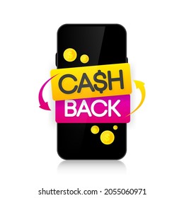 Cash back vector icon isolated on screen device. Economy of funds. Cashback or money back sign on smartphone. Vector illustration.