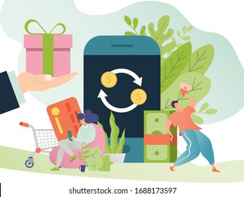 Cash back vector illustration. Cashback money growth, offer return coins to wallet concept. Flat tiny cartoon people with credit card shopping online on app phone, bonus reward for purchases banner