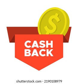 Ilustración vectorial de devolución de efectivo. Devolver flecha y distintivos con texto. Se puede usar para ahorrar, oferta minorista, reembolso, concepto de compra